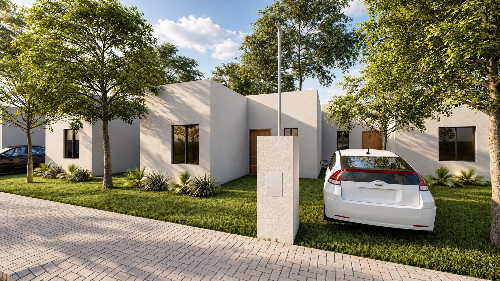 Render arquitectónico exterior de casas del proyecto